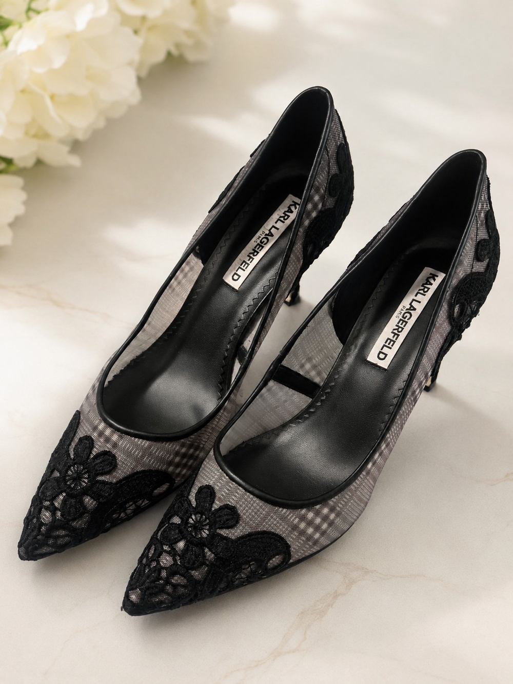 Karl Lagerfeld Black and Gray Pointed Toe Lace Pumps